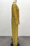 Yellow Casual Print Buckle Turndown Collar Long Sleeve Two Pieces