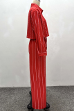 Red Casual Stripe Buckle Turndown Collar Long Sleeve Two Pieces