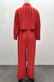 Red Casual Stripe Buckle Turndown Collar Long Sleeve Two Pieces