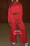 Red Casual Stripe Buckle Turndown Collar Long Sleeve Two Pieces