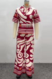 Red Casual Print Buckle Turndown Collar Half Sleeve Two Pieces