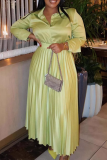 Green Celebrities Solid Color Pleated Turndown Collar Long Sleeve Two Pieces