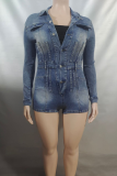 Blue Casual Solid Color Buckle Turndown Collar Regular Rompers