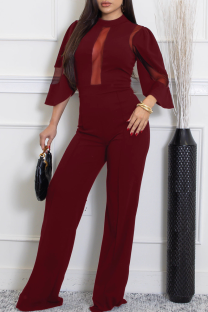 Burgundy Sexy Solid Color See-Through O Neck Bodycon Jumpsuits