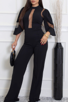 Black Sexy Solid Color See-Through O Neck Bodycon Jumpsuits