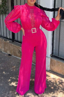 Rose Red Casual Solid Color Hollow Out With Belt O Neck Bodycon Jumpsuits