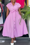 Pink Casual Stripe Buckle Strap Design Turndown Collar Long Dresses