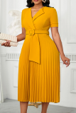 Green Elegant Solid Color With Belt Pleated V Neck Long Dresses