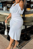 White Sexy Solid Color Buckle Ruched Turndown Collar Wrapped Skirt Dresses