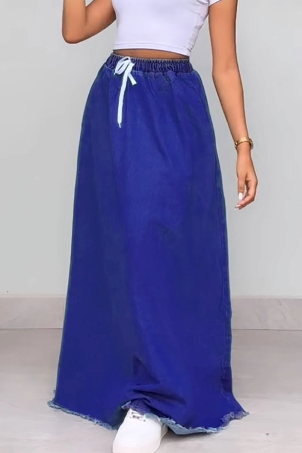 Blue Casual Solid Color Draw String Loose Patchwork Bottoms