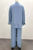 Blue Casual Solid Color Buckle Turndown Collar Long Sleeve Two Pieces