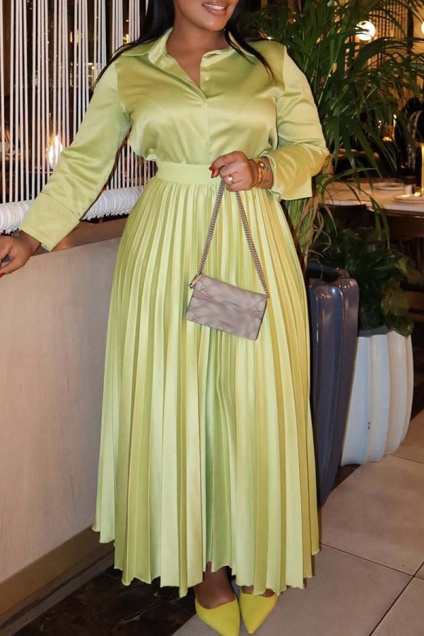 Green Celebrities Solid Color Pleated Turndown Collar Long Sleeve Two Pieces