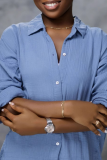 Blue Casual Solid Color Buckle Turndown Collar Long Sleeve Two Pieces