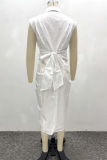 White Sexy Solid Color Buckle Ruched Turndown Collar Wrapped Skirt Dresses