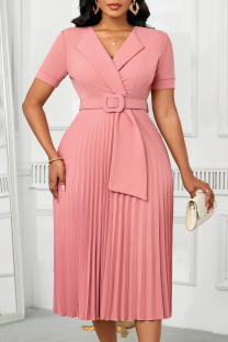 Pink Elegant Solid Color With Belt Pleated V Neck Long Dresses