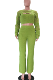 Apricot Casual Solid Color Hollow Out O Neck Long Sleeve Three Pieces