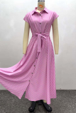 Pink Casual Stripe Buckle Strap Design Turndown Collar Long Dresses