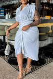 White Sexy Solid Color Buckle Ruched Turndown Collar Wrapped Skirt Dresses