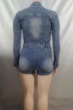 Blue Casual Solid Color Buckle Turndown Collar Regular Rompers
