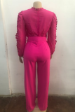 Rose Red Casual Solid Color Hollow Out With Belt O Neck Bodycon Jumpsuits
