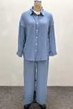 Blue Casual Solid Color Buckle Turndown Collar Long Sleeve Two Pieces