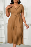 Green Elegant Solid Color With Belt Pleated V Neck Long Dresses