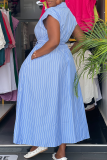 Pink Casual Stripe Buckle Strap Design Turndown Collar Long Dresses