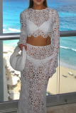 White Casual Vacation Solid Color Lace Hollow Out O Neck Long Sleeve Two Pieces