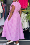 Pink Casual Stripe Buckle Strap Design Turndown Collar Long Dresses