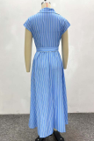 Pink Casual Stripe Buckle Strap Design Turndown Collar Long Dresses