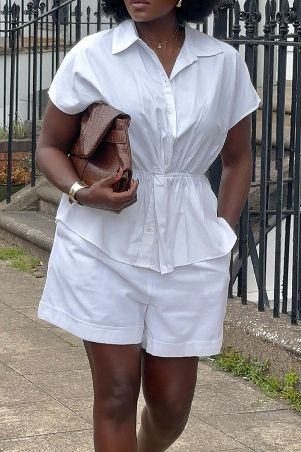 White Casual Solid Color Draw String Turndown Collar Short Sleeve Two Pieces
