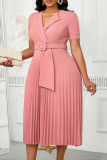 Green Elegant Solid Color With Belt Pleated V Neck Long Dresses