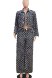 Grey Casual Plaid Jacquard Zipper O Neck Long Sleeve Two Pieces