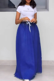 Blue Casual Solid Color Draw String Loose Patchwork Bottoms