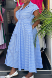 Pink Casual Stripe Buckle Strap Design Turndown Collar Long Dresses