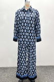 Blue Casual Print Buckle Turndown Collar Long Sleeve Two Pieces