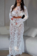 White Casual Vacation Solid Color Lace Hollow Out O Neck Long Sleeve Two Pieces