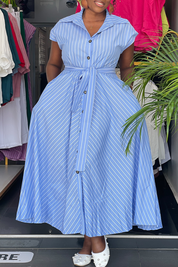 Blue Casual Stripe Buckle Strap Design Turndown Collar Long Dresses