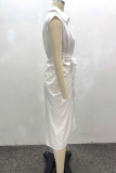 White Sexy Solid Color Buckle Ruched Turndown Collar Wrapped Skirt Dresses