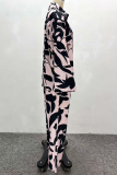 Pink Black Casual Print Buckle Turndown Collar Long Sleeve Two Pieces