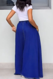 Blue Casual Solid Color Draw String Loose Patchwork Bottoms