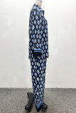 Blue Casual Print Buckle Turndown Collar Long Sleeve Two Pieces
