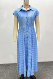 Pink Casual Stripe Buckle Strap Design Turndown Collar Long Dresses
