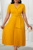 Green Elegant Solid Color With Belt Pleated V Neck Long Dresses