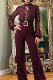 Rose Red Casual Solid Color Hollow Out With Belt O Neck Bodycon Jumpsuits