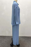 Blue Casual Solid Color Buckle Turndown Collar Long Sleeve Two Pieces