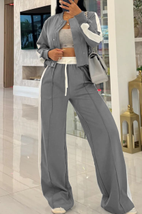 Grey Casual Zipper Contrast O Neck Long Sleeve Two Pieces