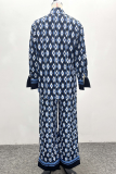 Blue Casual Print Buckle Turndown Collar Long Sleeve Two Pieces