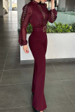 Rose Red Casual Solid Color Hollow Out With Belt O Neck Bodycon Jumpsuits