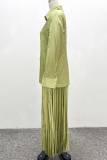 Green Celebrities Solid Color Pleated Turndown Collar Long Sleeve Two Pieces
